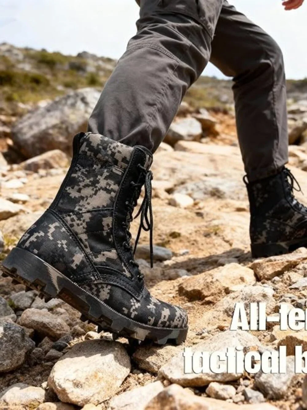 Military Tactical Black Boots for Work, Green Camo Lace-Up for Men